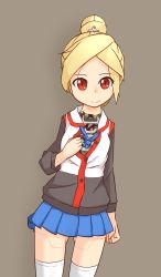 Rule 34 | 1girl, android, blonde hair, borisx, highres, mechanical parts, original, red eyes, school uniform, short hair, solo, thighhighs