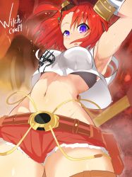 Rule 34 | 1girl, :o, absurdres, arm up, armpits, asymmetrical bangs, belt, belt buckle, belt pouch, bikini, bikini top only, bikini under clothes, black bikini, blush, breasts, brown belt, buckle, commentary, cowboy shot, cutoffs, duel monster, from below, gauntlets, gloves, goggles, goggles on head, groin, hair between eyes, highres, looking at viewer, medium breasts, midriff, navel, off-shoulder shirt, off shoulder, pouch, purple eyes, red background, red gloves, red hair, red shorts, shirt, short hair, short shorts, shorts, sidelocks, solo, standing, steam, sweat, swimsuit, synchroman, thigh pouch, water drop, white gloves, white shirt, witchcrafter schmietta, yu-gi-oh!