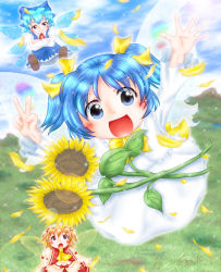 Rule 34 | 3girls, aoi hisoka, arms up, ascot, blue eyes, blue hair, blue sky, blush, bow, cirno, cloud, crossed arms, day, dress, fairy wings, flower, flying, forest, hair bow, hair ribbon, headdress, juliet sleeves, long sleeves, looking at another, looking at viewer, looking up, mountain, multiple girls, nature, open hand, open mouth, orange hair, petals, puffy sleeves, red eyes, ribbon, signature, skirt, skirt set, sky, smirk, sparkle, sunflower, sunflower fairy (touhou), sunny milk, touhou, twintails, v, wings