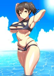 Rule 34 | 10s, 1girl, armpits, breasts, cleavage, date naoto, highres, kaga (kancolle), kantai collection, large breasts, looking at viewer, meme attire, side ponytail, skindentation, smile, solo, thighs, wading, water, wet