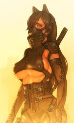 Rule 34 | 1girl, armor, arms at sides, black hair, breasts, formal, gas mask, gradient background, grey eyes, hair over one eye, large breasts, long hair, looking at viewer, mask, ninja, original, parted bangs, pouch, sideboob, simple background, solo, standing, suit, underboob, wei (kaminari0411), zipper