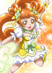 Rule 34 | 1girl, :d, boots, bow, brooch, brown hair, choker, cure rosetta, curly hair, dokidoki! precure, double bun, dress, earrings, flower, green bow, hair bun, hair flower, hair ornament, hanzou, heart, heart brooch, highres, jewelry, knee boots, long hair, looking at viewer, magical girl, open mouth, orange background, precure, smile, solo, sparkle, star (symbol), starry background, twintails, waist bow, yellow dress, yellow eyes, yellow footwear, yotsuba alice