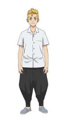 Rule 34 | 1boy, blonde hair, denim, full body, grey eyes, hanagaki takemichi, jeans, looking at viewer, official art, pants, school uniform, shirt, shoes, solo, straight-on, tachi-e, tokyo revengers, transparent background, white shirt, aged down