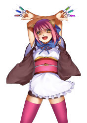 Rule 34 | 00s, 1girl, animal ears, apron, arms up, bad id, bad pixiv id, between fingers, cat ears, cowboy shot, dual wielding, highres, holding, kemonomimi mode, kohaku (tsukihime), maid, maid apron, melty blood, obi, pink thighhighs, red hair, ribbon, sash, simple background, solo, syringe, syringe claws, thighhighs, tsukihime, wa maid, white background, yasuo (torinikukani), zettai ryouiki