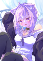 Rule 34 | 1girl, absurdres, ahoge, amaguri (guri 0330), animal collar, animal ear fluff, animal ears, arm behind head, arm up, black collar, black jacket, black thighhighs, blue hair, blunt bangs, blush, breasts, button gap, cat ears, cat girl, cleavage, collar, collared shirt, colored inner hair, dress shirt, highres, hololive, jacket, long sleeves, looking at viewer, medium breasts, medium hair, multicolored hair, neck ribbon, nekomata okayu, nekomata okayu (oversized shirt), no pants, official alternate costume, open clothes, open jacket, parted lips, partially unbuttoned, purple eyes, purple hair, purple ribbon, ribbon, shirt, smile, solo, swept bangs, thighhighs, virtual youtuber, white shirt