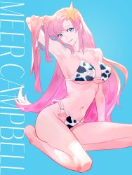 Rule 34 | 1girl, animal print, barefoot, bikini, blue background, blue eyes, breasts, character name, cleavage, closed mouth, collarbone, covered erect nipples, cow print, gundam, gundam seed, gundam seed destiny, hair ornament, hand in own hair, head tilt, highleg, highleg bikini, highres, large breasts, long hair, looking at viewer, meer campbell, navel, nito minatsuki, pink hair, print bikini, side-tie bikini bottom, sideboob, sitting, smile, solo, star (symbol), star hair ornament, swimsuit, underboob, very long hair