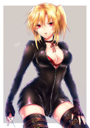 Rule 34 | 1girl, :o, bad id, bad pixiv id, black gloves, black thighhighs, blonde hair, bodysuit, bow, bow bra, bra, breasts, buckle, choker, cleavage, contrapposto, cowboy shot, cross, cross earrings, earrings, fingerless gloves, full-length zipper, gloves, grey background, hair between eyes, hand on own thigh, hip focus, holding, jewelry, large breasts, looking at viewer, neck ribbon, needle, open mouth, original, parted bangs, pink eyes, red bra, ribbon, short hair, short ponytail, side ponytail, signature, simple background, solo, standing, thigh strap, thighhighs, ty 1865, underwear, unitard, unzipped, zettai ryouiki, zipper