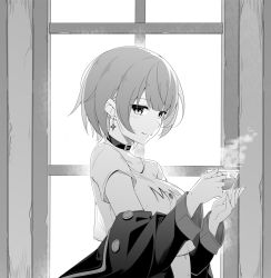 Rule 34 | 1girl, choker, cropped shirt, cup, earrings, greyscale, holding, holding cup, hololive, hololive indonesia, jewelry, looking at viewer, masabodo, monochrome, moona hoshinova, moona hoshinova (casual), navel, off shoulder, official alternate costume, short hair, solo, steam, upper body, virtual youtuber, window