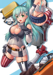 Rule 34 | 2girls, alternate costume, amatsukaze (kancolle), amatsukaze (kancolle) (cosplay), aqua hair, areola slip, ass, asymmetrical legwear, awa yume, blue skirt, blue thighhighs, breasts, cleavage, collar, cosplay, elbow gloves, gloves, green eyes, hair ornament, hairclip, hand on own chest, hand on own leg, high heels, highres, iowa (kancolle), iowa (kancolle) (cosplay), kantai collection, kneeling, large breasts, long hair, looking at viewer, luggage, metal collar, midriff, mismatched legwear, multiple girls, navel, pleated skirt, red legwear, rolling suitcase, rudder footwear, shimakaze (kancolle), shimakaze (kancolle) (cosplay), sideboob, sidelocks, simple background, skirt, straight hair, striped clothes, striped legwear, striped thighhighs, suitcase, suzuya (kancolle), thighhighs, thong, vertical-striped clothes, vertical-striped thighhighs, white background