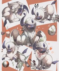 Rule 34 | absol, animal focus, ball, beachball, claws, commentary request, crack, creatures (company), egg, game freak, gen 3 pokemon, heart, highres, horns, jumping, mane, multiple views, musical note, nintendo, no humans, open mouth, pokemon, pokemon (creature), pokemon egg, red background, red eyes, reo (mmocc123), single horn, sitting, tail, white fur