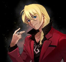 Rule 34 | 1boy, ace attorney, arm at side, black background, black shirt, blue eyes, breast pocket, chain, chain necklace, closed mouth, drill hair, earrings, eyes visible through hair, hair between eyes, head tilt, jacket, jewelry, klavier gavin, lapels, layered sleeves, light smile, looking at viewer, male focus, medium hair, necklace, open collar, pocket, popped collar, red jacket, ring, shirt, simple background, solo, suit jacket, swept bangs, tan, upper body, v, zghwbyl