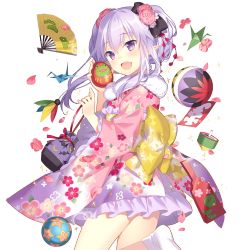 Rule 34 | 1girl, cherry blossoms, fang, floating, floating object, floral print, hand fan, holding, long hair, looking at viewer, official art, open mouth, origami, paper crane, purple eyes, sidelocks, slit pupils, solo, spinning top, transparent background, uchi no hime-sama ga ichiban kawaii, updo, wide sleeves