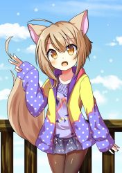 Rule 34 | 1girl, :d, absurdres, animal ears, black pantyhose, chaakusu, commentary request, ear piercing, fennery (show by rock!!), fox ears, fox tail, highres, hood, hoodie, light brown hair, long sleeves, miniskirt, open clothes, open hoodie, open mouth, pantyhose, piercing, polka dot, polka dot hoodie, shirt, short hair, show by rock!!, skirt, smile, tail, v, yellow eyes