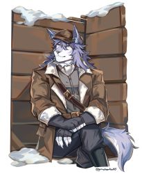 Rule 34 | 1boy, animal ears, blue hair, breath, brown coat, coat, fate/grand order, fate (series), furry, furry male, graysheartart, highres, leather belt, looking to the side, male focus, medium hair, patxi (fate), sitting, smile, snow, solo, tail, winter clothes, wolf boy, wolf ears, wolf tail