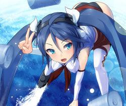 Rule 34 | 10s, 1girl, ass, ayagi daifuku, bent over, blue eyes, blue hair, depth charge, hair ribbon, isuzu (kancolle), kantai collection, matching hair/eyes, open mouth, panties, personification, ribbon, solo, twintails, underwear, v