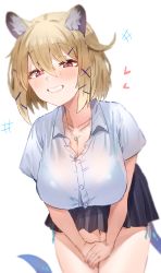 Rule 34 | +++, 1girl, :d, absurdres, alternate costume, animal ear fluff, animal ears, arknights, black skirt, blonde hair, blue bra, blush, bra, bra visible through clothes, breasts, cleavage, collarbone, collared shirt, cowboy shot, grin, highres, horn/wood, jewelry, large breasts, leaning forward, looking at viewer, miniskirt, necklace, open mouth, own hands together, panties, parted lips, pleated skirt, red eyes, school uniform, shirt, short hair, short sleeves, side-tie panties, side-tie peek, skirt, smile, solo, tail, underwear, utage (arknights), white shirt