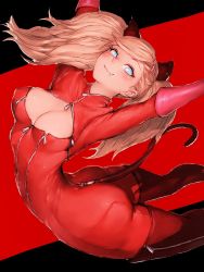 Rule 34 | 10s, 1girl, :3, animal ears, arched back, ass, black background, black thighhighs, blonde hair, blue eyes, blush, bodysuit, breasts, cat ears, cat tail, cleavage, fang, fang out, fumio (rsqkr), gloves, hair ornament, hairclip, long hair, looking at viewer, medium breasts, persona, persona 5, red background, red bodysuit, red gloves, smile, solo, tail, takamaki anne, thighhighs, twintails, zipper