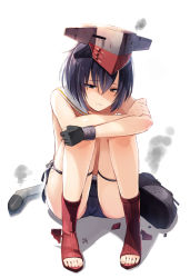 Rule 34 | 1girl, artist name, blue hair, commentary request, crossed arms, frown, full body, gloves, grey eyes, hair between eyes, half-closed eyes, hands on own knees, hat, i-13 (kancolle), kantai collection, knees up, machinery, meth (emethmeth), sailor collar, short hair, signature, single glove, sitting, smoke, solo, swimsuit, thigh strap, toeless legwear, torn clothes, torn swimsuit, torpedo