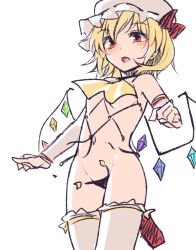 Rule 34 | 1girl, :o, ascot, bare shoulders, blonde hair, blush, bow, breasts, commentary request, cowboy shot, crystal, flandre scarlet, groin, hair between eyes, hat, hat bow, miyo (ranthath), mob cap, navel, o-ring, red bow, red eyes, revealing clothes, short hair, simple background, sketch, small breasts, solo, stomach, thighhighs, thighs, torn clothes, touhou, wardrobe malfunction, white background, white thighhighs, wings, wrestling outfit, yellow ascot