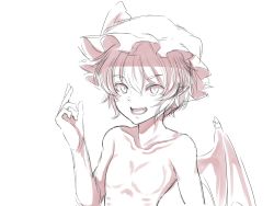 Rule 34 | 1girl, bat wings, collarbone, fangs, female focus, flat chest, looking at viewer, monochrome, nicutoka, no nipples, nude, pointy ears, remilia scarlet, simple background, sketch, solo, touhou, upper body, vampire, white background, wings