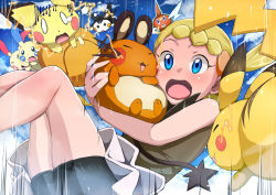 Rule 34 | 1girl, absurdres, blonde hair, blue eyes, blush, body blush, bonnie (pokemon), cloud, commentary request, creatures (company), day, dedenne, emolga, falling, feet out of frame, game freak, gen 1 pokemon, gen 2 pokemon, gen 3 pokemon, gen 4 pokemon, gen 5 pokemon, gen 6 pokemon, giji eizan, hair ornament, highres, holding, holding pokemon, legs together, minun, motion lines, nintendo, open mouth, outdoors, pichu, pikachu, plusle, pokemon, pokemon (anime), pokemon (creature), pokemon xy (anime), rotom, rotom (normal), shiny skin, sky, tongue