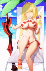 1girl aestus_estus bad_id bad_pixiv_id beach bikini blue_nails blue_sky blush bracelet breasts cleavage day earrings fate/grand_order fate_(series) female_focus green_eyes halterneck holding holding_sword holding_weapon jewelry labombardier! long_hair nail_polish nero_claudius_(fate) nero_claudius_(fate)_(all) nero_claudius_(swimsuit_caster)_(fate) ocean outdoors palm_tree sandals sitting sky solo striped_bikini striped_clothes swimsuit sword tree twintails weapon