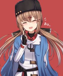 Rule 34 | 1girl, ^ ^, black gloves, black hat, brown eyes, brown hair, closed eyes, fingerless gloves, gloves, hair between eyes, hair ornament, hairclip, hat, highres, kantai collection, long hair, long sleeves, open mouth, red background, simple background, smile, solo, tashkent (kancolle), twintails, yakob labo