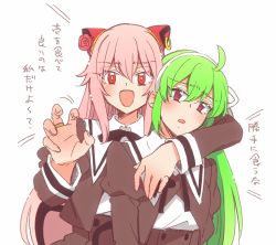 Rule 34 | 2girls, :d, ahoge, annoyed, arm around shoulder, arms at sides, assault lily, behind another, black ribbon, black skirt, blush, bow hairband, bright pupils, buttons, claw pose, cropped jacket, endou araya, furrowed brow, green hair, hair between eyes, hair ribbon, hairband, hairpods, hand on another&#039;s chest, hands up, head tilt, heads together, high-waist skirt, highres, jacket, jewelry, juliet sleeves, long hair, long sleeves, multiple girls, neck ribbon, no pupils, open mouth, parted lips, pink eyes, pink hair, puffy sleeves, red eyes, ribbon, ring, school uniform, shirt, sidelocks, simple background, skirt, smile, sorato (astllatte), standing, tanaka ichi, teeth, upper body, upper teeth only, very long hair, white background, white hairband, white jacket, white pupils, white ribbon, white shirt, yuri, yurigaoka girls academy school uniform