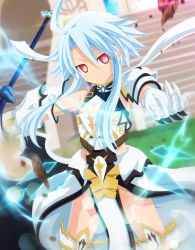 Rule 34 | 10s, 1girl, alternate costume, armor, blanc (neptunia), blue hair, highres, image sample, lens flare, looking at viewer, neptune (series), planeptune, red eyes, smile, solo, symbol-shaped pupils, weapon, white heart (neptunia)