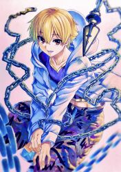 Rule 34 | 1boy, blonde hair, blue shirt, brown eyes, chain, child gilgamesh (fate), commentary request, enkidu (weapon) (fate), fate/grand order, fate (series), gilgamesh (fate), grey shorts, hachi78b, highres, hood, hooded jacket, jacket, looking at viewer, male focus, marker (medium), open clothes, open jacket, open mouth, shirt, shorts, smile, solo, traditional media