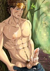Rule 34 | 1boy, abs, against tree, cum, cum on body, highres, male focus, masturbation, muscular, outdoors, pectorals, ryan (granblue fantasy), scar, topless male, solo, tree