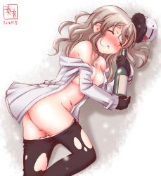 Rule 34 | 1girl, ass, bare shoulders, black gloves, blush, bottle, breasts, closed eyes, clothes pull, dated, drooling, drunk, female focus, gloves, hat, highres, kanon (kurogane knights), kantai collection, lying, medium breasts, navel, no bra, open clothes, panties, panty pull, pantyhose, pantyhose pull, pola (kancolle), shiny skin, sleeping, solo, torn clothes, torn pantyhose, underwear, white panties