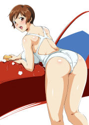 Rule 34 | 1girl, ass, breast rest, breasts, brown eyes, brown hair, competition swimsuit, engawa suguru, large breasts, one-piece swimsuit, short hair, solo, sponge, super real mahjong, swimsuit, toyohara etsuko