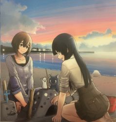 Rule 34 | 10s, al (flying witch), barefoot, beach, cat, chito (flying witch), dawn, flying witch, hamster, inukai (flying witch), kowata makoto, sand castle, sand sculpture