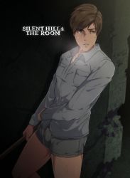 Rule 34 | 1boy, arima (arima bn), henry townshend, highres, male focus, silent hill, silent hill (series), silent hill 4: the room, solo, steam, underwear, weapon