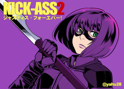 Rule 34 | 1girl, bad id, bob cut, breasts, cape, copyright name, dutch angle, elbow gloves, fighting stance, from side, glaive (polearm), gloves, green eyes, hit-girl, holding, holding weapon, kick-ass, looking at viewer, mask, parted lips, polearm, purple background, purple hair, purple theme, saitou yahu, short hair, shoulder pads, simple background, small breasts, solo, superhero costume, turtleneck, twitter username, upper body, weapon