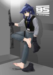 Rule 34 | 1girl, absurdres, against wall, arknights, barefoot, blue hair, feet, foot focus, gloves, gun, highres, jessica (arknights), open mouth, pants, panzi panzer, removing shoes, shoes, shotgun, soles, solo, sweat, toes, unworn shoes, weapon, yellow eyes