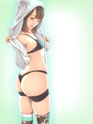 Rule 34 | 1girl, animal ears, aoki rin (1996), ass, ass support, bad id, bad pixiv id, black bra, black panties, bra, breasts, fake animal ears, highres, hood, hoodie, lips, looking back, open clothes, open hoodie, panties, print thighhighs, real life, skindentation, small breasts, solo, stallone, thigh strap, thighhighs, thighs, underwear