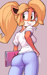Rule 34 | 1girl, ?, ahoge, animal ears, ass, blonde hair, blue pants, blush, body fur, brand name imitation, breasts, closed mouth, coco bandicoot, computer, cowboy shot, crash bandicoot (series), female focus, from behind, furry, furry female, green eyes, grey background, hand on own hip, happy, holding, huge ahoge, jaggy lines, jpeg artifacts, laptop, light blush, long hair, looking back, medium breasts, motion lines, nose blush, pants, ponytail, shirt, short sleeves, simple background, smile, solo, standing, wamudraws, white shirt