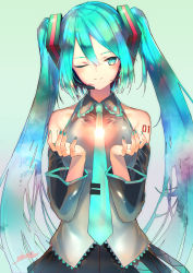 Rule 34 | 1girl, ;), aqua eyes, aqua hair, aqua nails, aqua necktie, artist name, bare shoulders, blue skirt, breasts, commentary request, cowboy shot, dated, detached sleeves, gradient background, green background, grey background, grey vest, hair between eyes, hands up, hatsune miku, headset, highres, long hair, looking at viewer, medium breasts, miniskirt, nail polish, necktie, one eye closed, pleated skirt, sakusyo, signature, skirt, smile, solo, standing, tattoo, twintails, very long hair, vest, vocaloid, wing collar