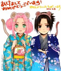 Rule 34 | 1boy, 1girl, 2016, animal ears, aqua kimono, black eyes, black hair, blue kimono, chinese zodiac, closed mouth, crossed arms, fake animal ears, fake tail, floral print kimono, green eyes, haruno sakura, japanese clothes, kimono, long sleeves, looking at viewer, margaritaiduki, monkey ears, monkey tail, naruto, naruto (series), obi, open mouth, pink hair, sash, simple background, smile, tail, uchiha sasuke, white background, year of the monkey