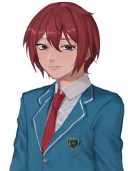 Rule 34 | 1boy, bad id, bad twitter id, blue jacket, breast pocket, closed mouth, collared shirt, commentary request, copyright name, ensemble stars!, hair between eyes, highres, jacket, kondate (inugrm), long sleeves, looking at viewer, male focus, necktie, pocket, purple eyes, red hair, red necktie, school uniform, shirt, short hair, simple background, smile, solo, suou tsukasa, upper body, white background, white shirt, yumenosaki school uniform