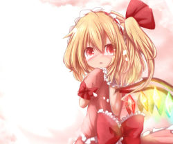 Rule 34 | 1girl, alternate headwear, backless outfit, blonde hair, blush, bow, cherry blossoms, cosplay, fang, female focus, flandre scarlet, hair ribbon, hairband, headdress, highres, kisa (k isa), large bow, looking back, no headwear, no headwear, open mouth, petals, red eyes, remilia scarlet, remilia scarlet (cosplay), ribbon, shirt, short hair, side ponytail, skirt, solo, embodiment of scarlet devil, touhou, tree