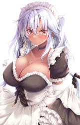 Rule 34 | 1girl, absurdres, alternate costume, apron, black choker, black dress, breasts, choker, cleavage, dark-skinned female, dark skin, dated, dress, elbow gloves, enmaided, frilled apron, frills, glasses, gloves, grey-framed eyewear, hair between eyes, highres, kantai collection, large breasts, long dress, long hair, maid, maid apron, maid headdress, mashiro yukiya, musashi (kancolle), musashi kai ni (kancolle), pointy hair, puffy short sleeves, puffy sleeves, red eyes, semi-rimless eyewear, short sleeves, signature, silver hair, solo, twintails, two side up, waist apron, white apron