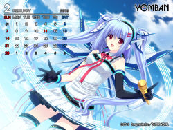 Rule 34 | 10s, 1girl, 2010, blue hair, calendar, cloud, day, elbow gloves, fang, february, gloves, long hair, microphone, musical note, nishimata aoi, red eyes, skirt, sky, solo, thighhighs, twintails, wallpaper, wings, yomban