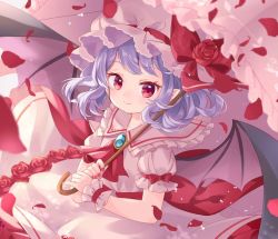 Rule 34 | 1girl, ascot, bat wings, blurry, bow, brooch, closed mouth, depth of field, dress, flower, frilled shirt collar, frilled sleeves, frills, hat, hat bow, hat flower, holding, holding umbrella, jewelry, jpeg artifacts, light purple hair, looking at viewer, mimi (mimi puru), mob cap, nail polish, parasol, petals, pink dress, pink hat, pink umbrella, pointy ears, puffy short sleeves, puffy sleeves, red ascot, red bow, red eyes, red flower, red nails, red rose, remilia scarlet, rose, rose petals, short hair, short sleeves, smile, solo, touhou, umbrella, upper body, wings, wrist cuffs