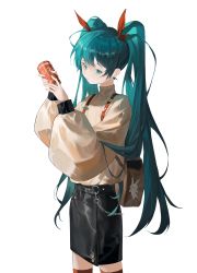 Rule 34 | 1girl, absurdres, aqua eyes, aqua hair, can, hatsune miku, head tilt, highres, holding, holding can, long hair, long sleeves, nianjin6, rabbit, skirt, solo, sweater, twintails, vocaloid, white background