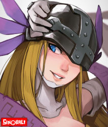 Rule 34 | 1girl, angewomon, blonde hair, blue eyes, commentary, covered collarbone, digimon, digimon (creature), gloves, head wings, helmet, highres, lifting own clothes, lips, long hair, looking at viewer, one eye covered, portrait, sideways glance, sinobali, slit pupils, smile, solo, teeth, white gloves, wings