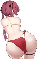 Rule 34 | 1girl, absurdres, ass, ass focus, bent over, bikini, black ribbon, blush, ear blush, earrings, facing away, from behind, hair ribbon, heart, heart earrings, highres, hip focus, hololive, houshou marine, houshou marine (summer), huge ass, jewelry, leaning forward, long hair, necklace, pomp (qhtjd0120), red bikini, red hair, ribbon, simple background, solo, swimsuit, thigh strap, twintails, virtual youtuber, white background