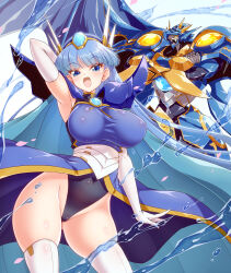 Rule 34 | 1girl, armor, blue eyes, blue hair, blue hairband, blue skirt, breasts, ceres (rayearth), hairband, highres, large breasts, leotard, long hair, looking at viewer, magic knight rayearth, mashin, mecha, open mouth, robot, ryuuzaki umi, showgirl skirt, skirt, smile, super robot, thigh gap, thighhighs, thighs, water, white thighhighs, wings, yakisoba (kaz2113)